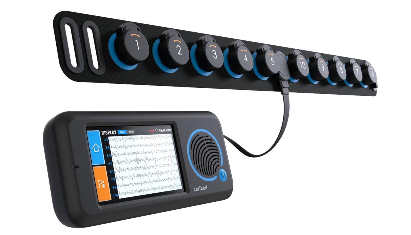 Ceribell EEG headband with 10 electrodes connected to the EEG recorder.