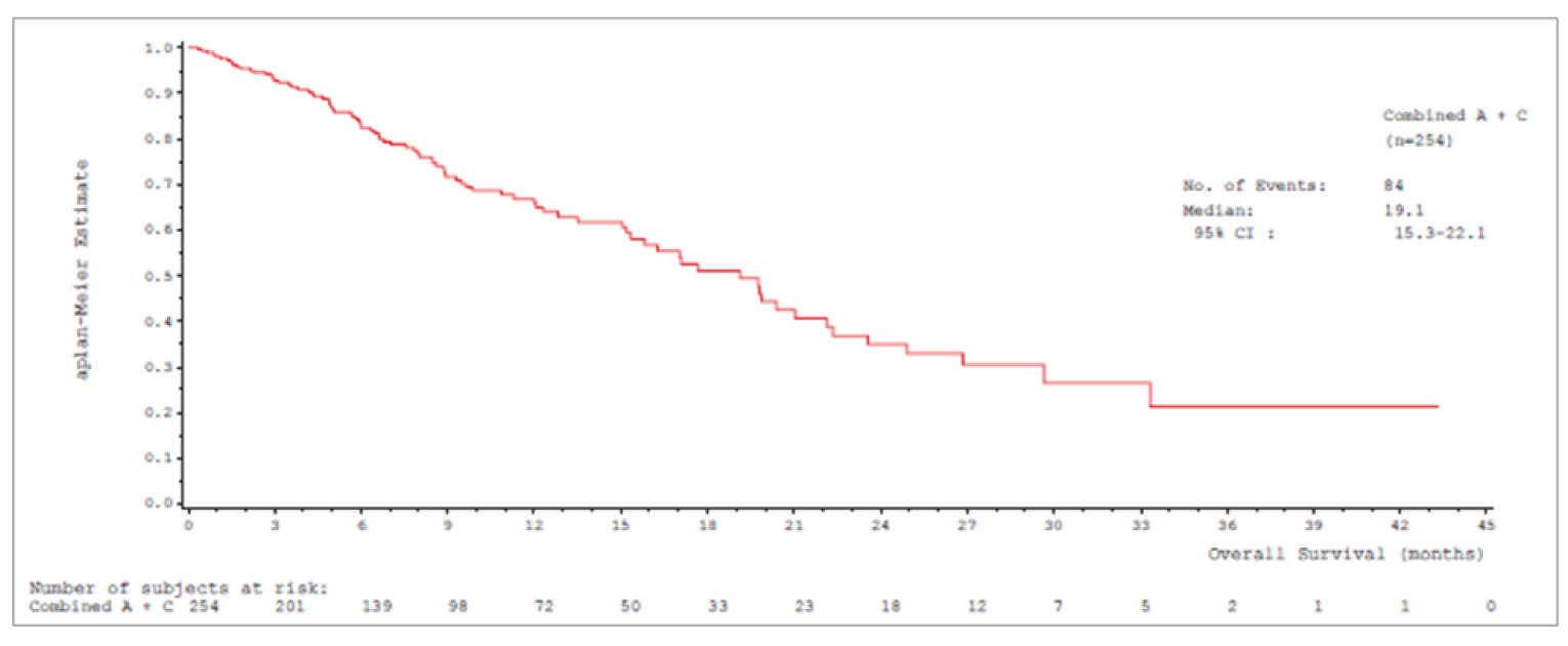 Kaplan-Meier curve ranging from 0 to 45 months that decreases until it plateaus at month 33. Number of patients at risk is 254 at month 0, 72 at month 12, 18 at month 24, and 2 at month 36.