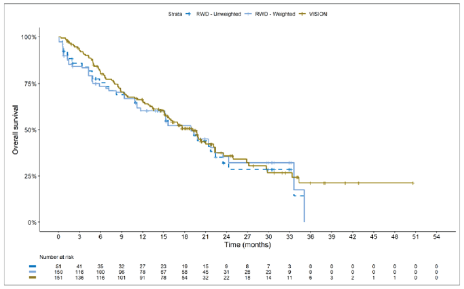 Kaplan-Meier curves with x-axis from 0 to 54 months. The curves for the immunotherapy groups (weighted and unweighted) largely overlap. The VISION curve immediately separates from the immunotherapy curves, with VISION on top. The curves largely converge from month 12 to month 33, then separate again. At this point, the VISION curve plateaus and the immunotherapy curves drop off.