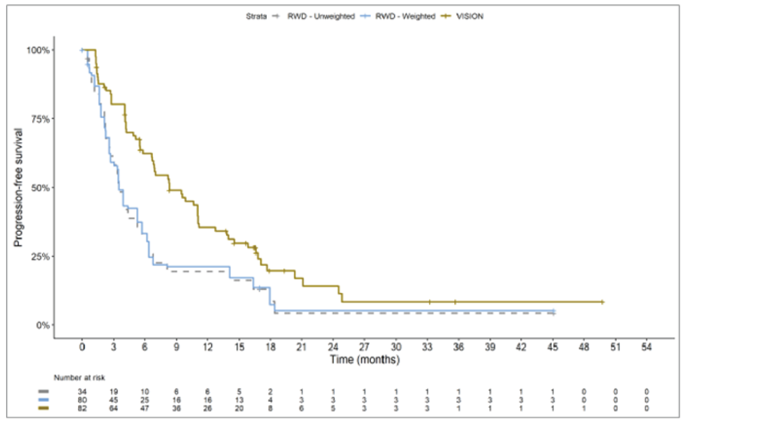 Kaplan-Meier curve with x-axis from 0 to 54 months. The RWD curves overlap across the time points. The RWD and VISION curves separate at month 1 with VISION on top, converge briefly at month 2, then separate again with VISION on top. The RWD curves plateau at month 18; the VISION curve plateaus at month 25.