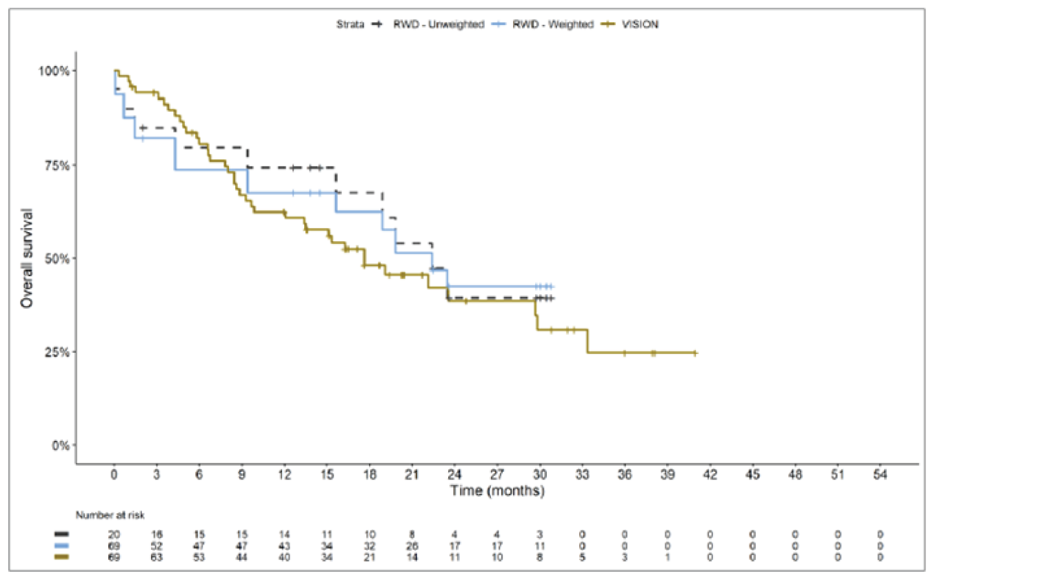 Kaplan-Meier curve with x-axis from 0 to 54 months, with data ending at 42 months. The curves immediately separate with VISION on top and RWD weighted on the bottom. The RWD unweighted curve crosses the VISION curve at month 7; the RWD weighted curve crosses the VISION curve at month 9. The curves converge at month 24, then separate with the VISION curve on the bottom.