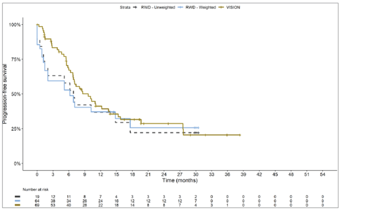 Kaplan-Meier curve with x-axis from 0 to 54 months, with data stopping at month 39. The VISION curve immediately separates to above the overlapping RWD curves. The curves converge at month 13, then separate at month 18 with VISION on top. The VISION curve crosses the RWD curves at month 27, then plateaus. The RWD curves plateau at month 18.