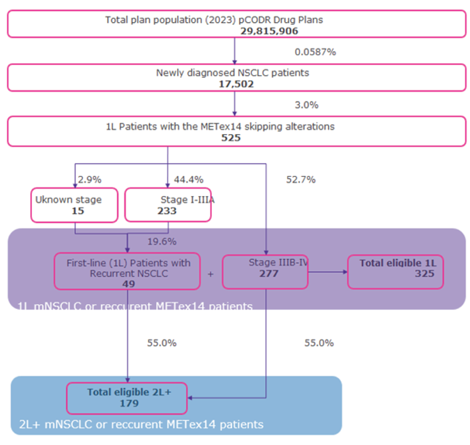 The flow chart represents how the total number of patients eligible for treatment with tepotinib are estimated for the budget impact analysis.