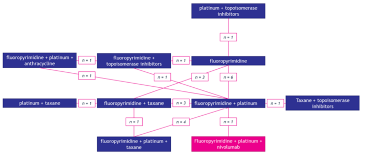 Network diagram of interventions included in the analysis for progression-free survival in the sponsor’s indirect treatment comparison.
