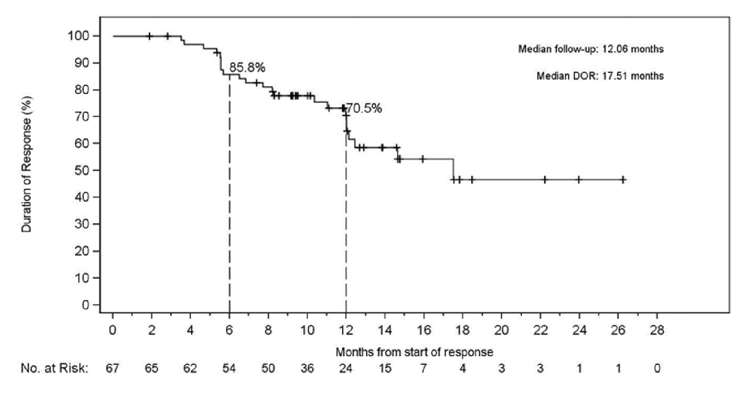In this Kaplan–Meier plot of duration of response (DOR) in the primary analysis set (RET fusion-positive non–small cell lung cancer with prior platinum chemotherapy) based on the independent radiographic committee assessment, the number of at-risk patients receiving selpercatinib at 0, 2, 4, 6, 8, 12, 14, 16, 18, 20, 22, 24, 26, and 28 months was 67, 65, 62, 54, 50, 36, 24, 15, 7, 4, 3, 3, 1, 1, and 0, respectively. The median DOR was 17.51 months.