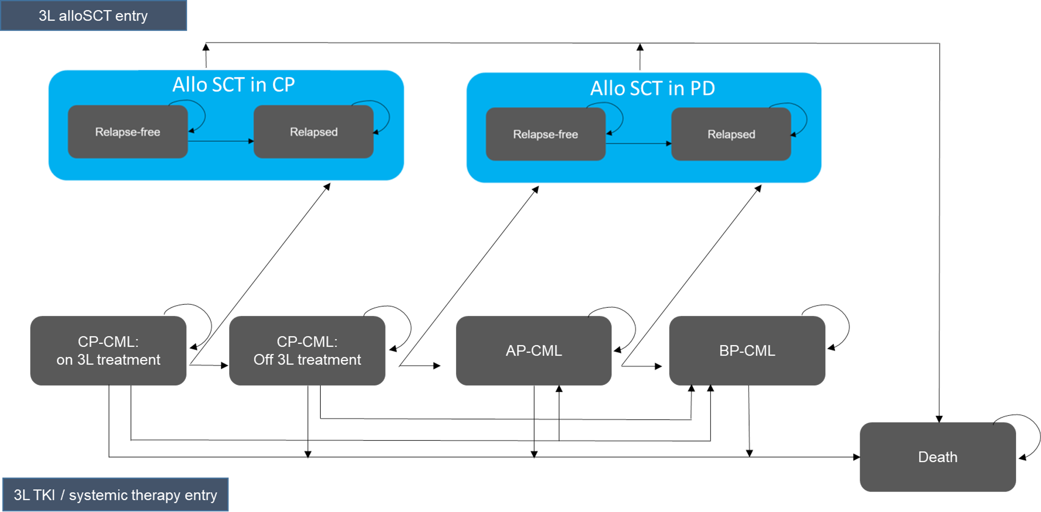 A diagram of the pharmacoeconomic model. Lines with arrows describe possible transitions between states labelled “CP-CML on 3L treatment.” “CP-CML Off 3L treatment,” “AP-CML,” “Allo SCT in CP,” and “Allo SCT in PD.” Lines with arrows also describe transitions between each of these states and a state labelled “Death.” The “Allo SCT in CP” and “Allo SCT in PD” states both contain substates labelled “Relapse-free” and “Relapsed.”
