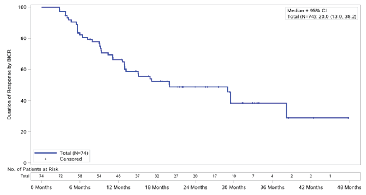 This is a Kaplan–Meier Plot for DOR in the overall population.