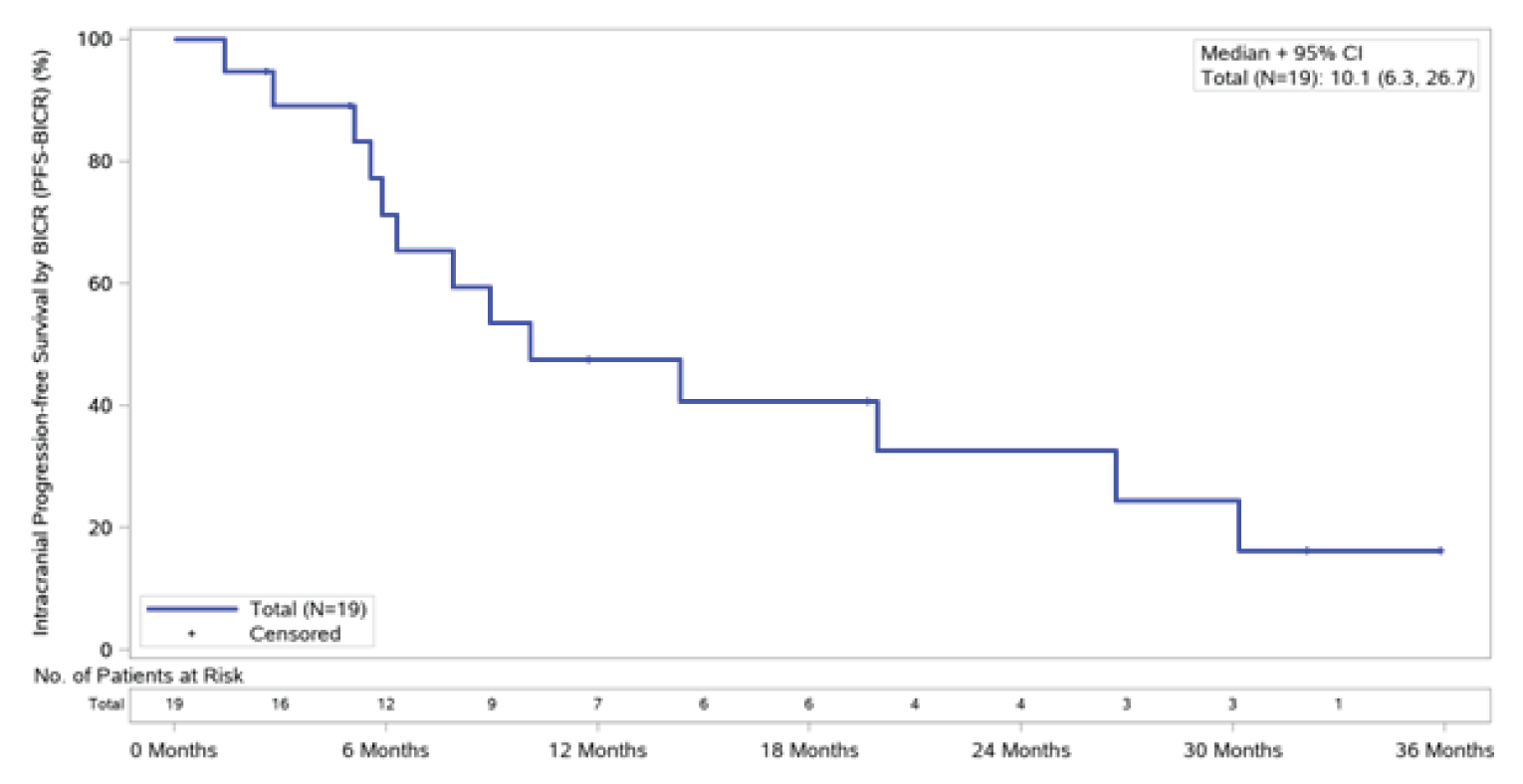 This Kaplan–Meier plots for intracranial PFS for patients with CNS metastases at baseline (N&nbsp;= 19).