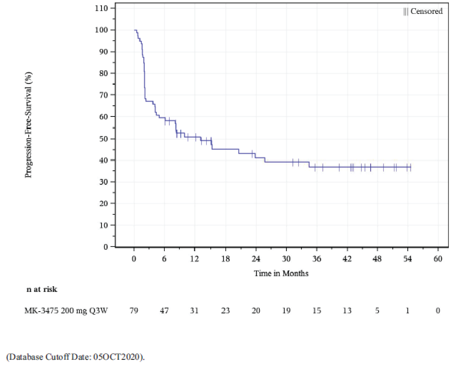In this Kaplan-Meier analysis of progression-free survival based on the all participants as-treated population for efficacy analysis, the number of at-risk patients at 0 months, 6 months, 12 months, 18 months, 24 months, 30 months, 36 months, 42 months, 48 months, 54 months, and 60 months was 79, 47, 31, 23, 20, 19, 15, 13, 5, 1, and 0, respectively.