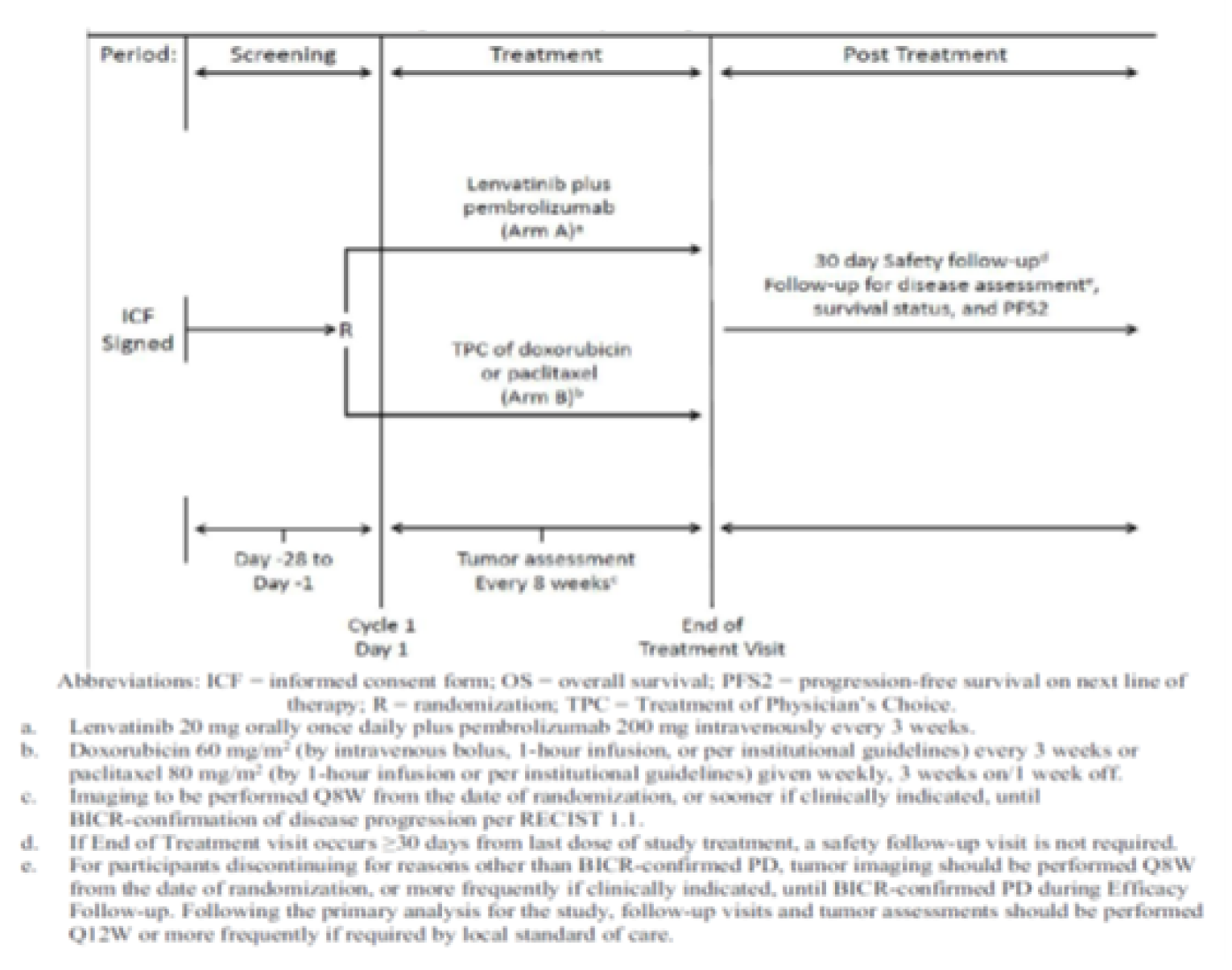 The KEYNOTE-775 trial (pMMR population) included an informed consent period, a screening period (28 days), and a treatment period (i.e., PEM + LEN combination therapy or TPC [doxorubicin or paclitaxel]). During the treatment period, tumours were assessed every 8 weeks. This was also done in the post-treatment period, which included a 30-day safety follow-up period as well as follow-up for disease assessment and survival status.