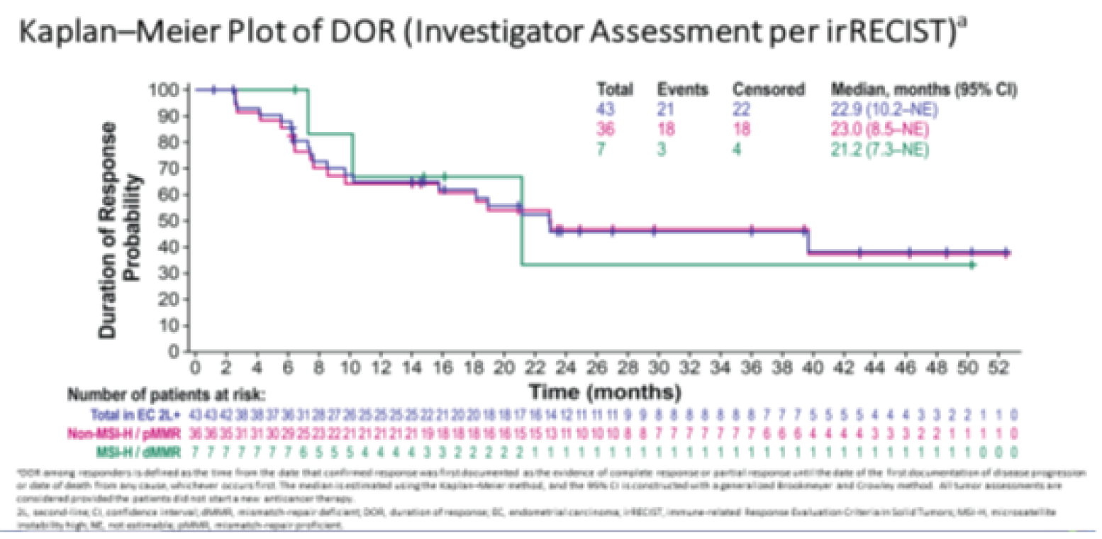 In the KEYNOTE-146 trial (pMMR population), the Kaplan-Meier analysis of PFS was based on FAS population for efficacy analysis. the number of at-risk patients in PEM + LEN group at 0, 4, 8, 12, 16, 20, 24, 28, 32, 36, 40, 44, 48 and 52 months was 36, 31, 23, 21, 18, 16, 11, 8, 7, 7, 4, 3, 2, and 1 respectively