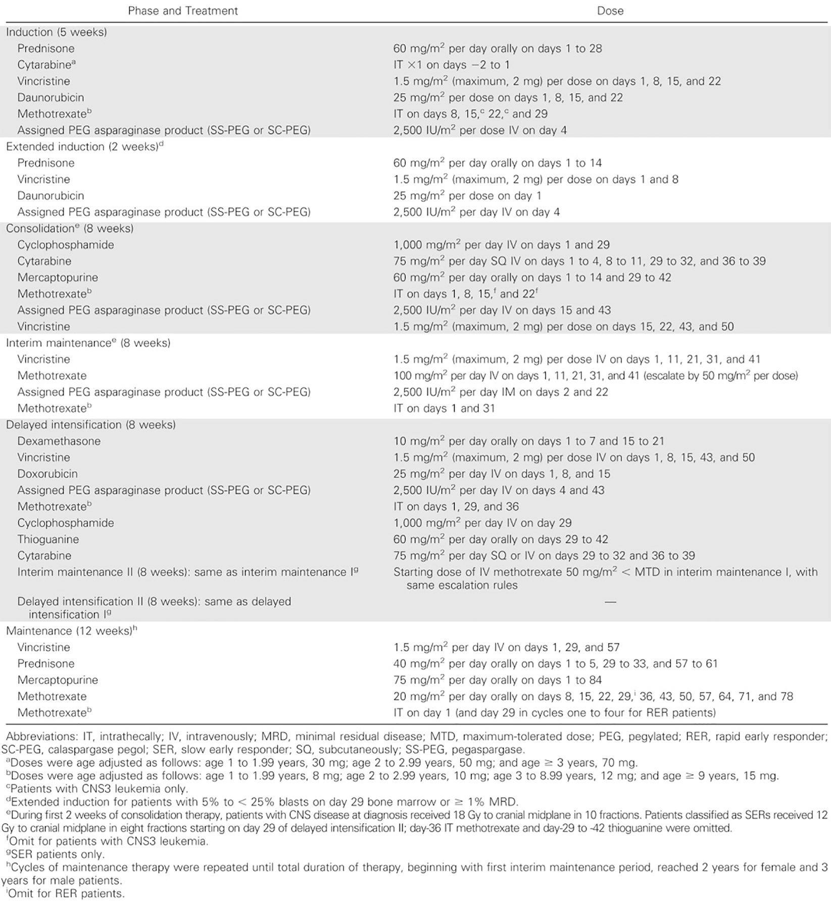 Treatment phases in the COG AALL07P4 study included induction (5 weeks), extended induction as applicable (2 weeks), consolidation (8 weeks), interim maintenance (8 weeks), delayed intensification (8 weeks), interim maintenance II as applicable (8 weeks), delayed intensification as applicable (8 weeks), and maintenance (12 weeks). Each phase comprised multi-agent regimens, and the regimens included a total of 7, 11, or 12 scheduled doses of asparaginase depending on rapid early responder status, slow early responder status, or extended induction status, respectively.