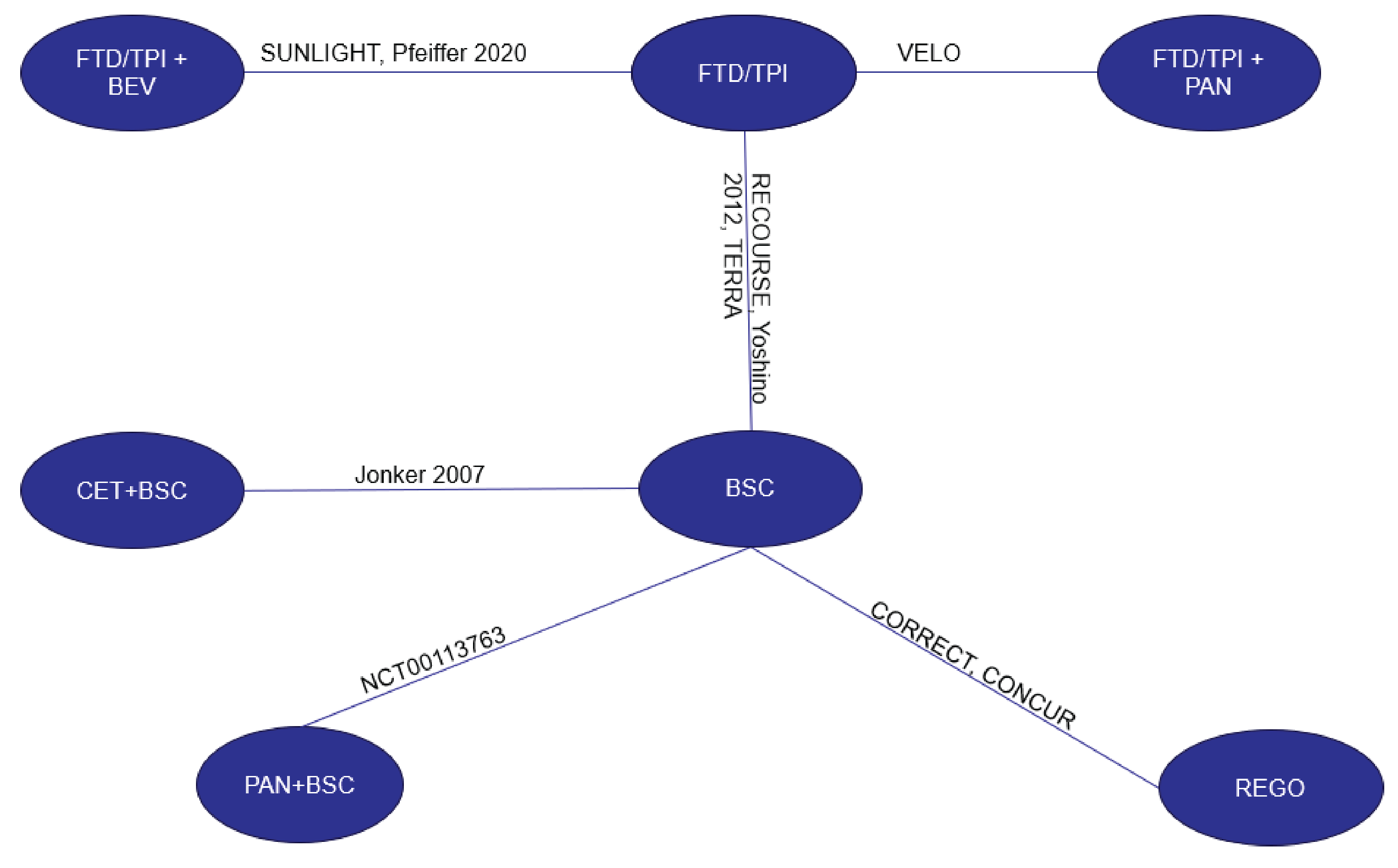 In this network, all active treatments, except for trifluridine-tipiracil plus bevacizumab and trifluridine-tipiracil plus panitumumab, were connected to best supportive care.