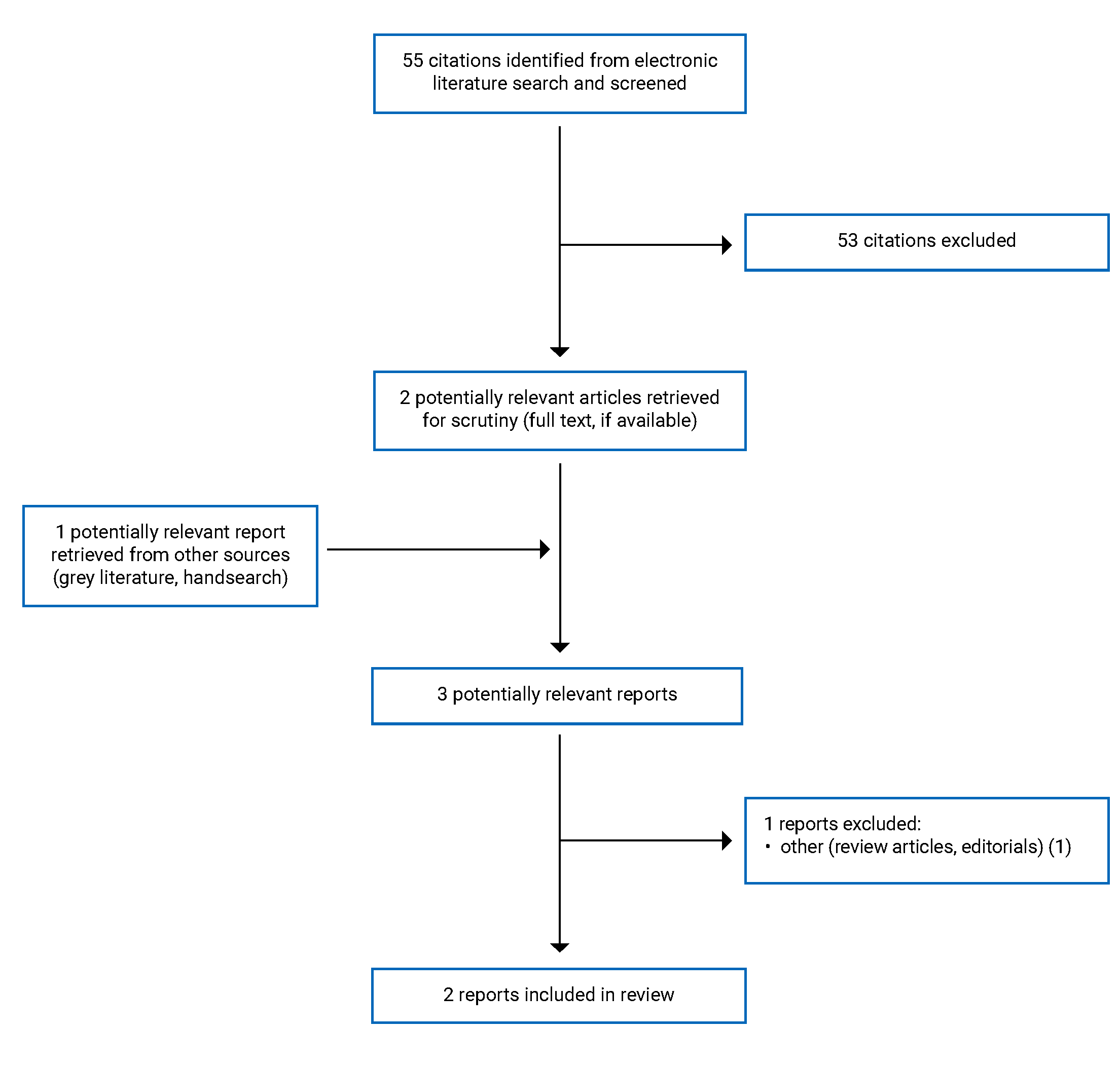 Of the 55 citations identified, 53 were excluded, while 2 electronic literature and 1 grey literature potentially relevant full-text reports were retrieved for scrutiny. In total 2 reports are included in the review.