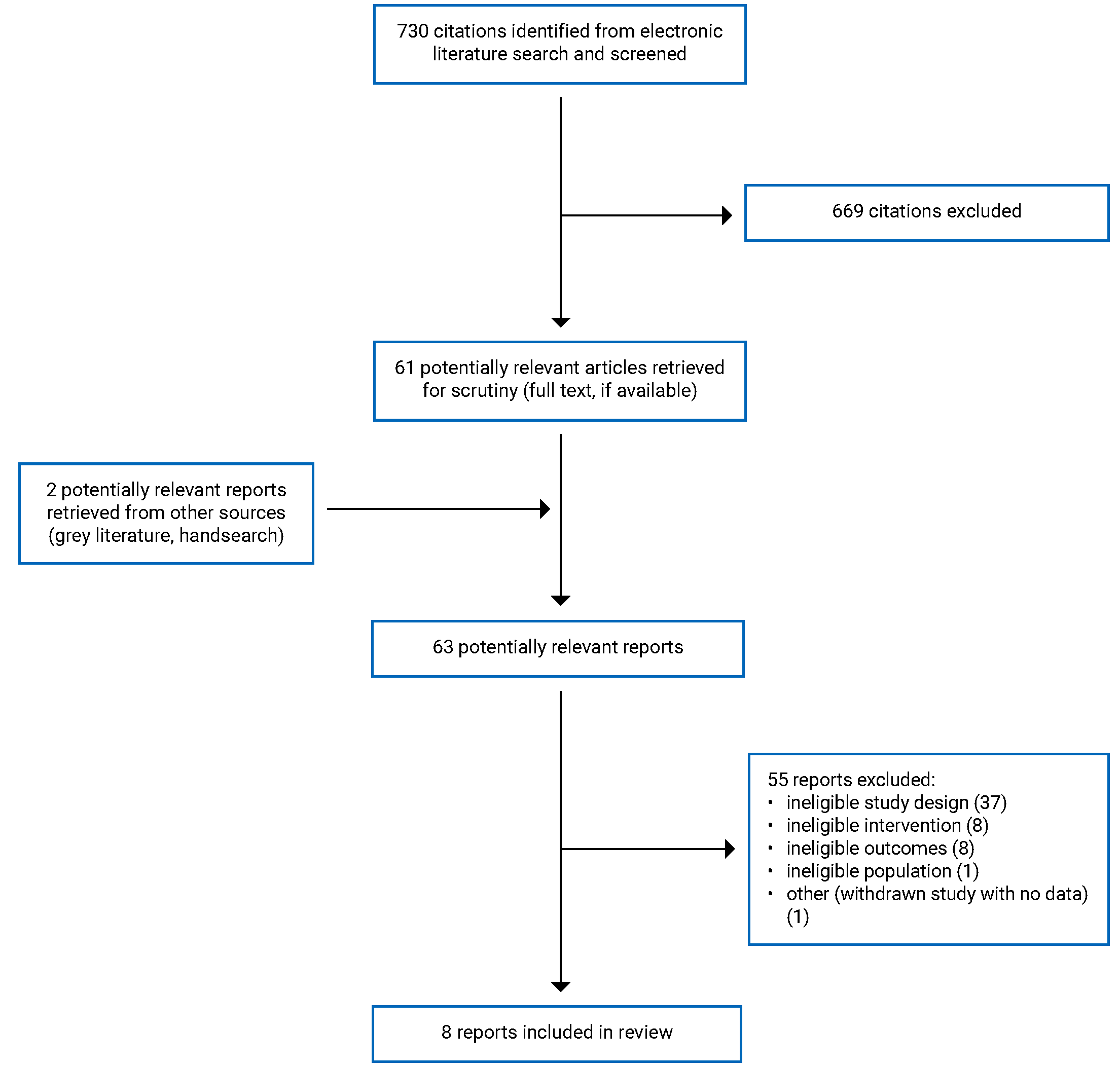 A total of 730 citations were identified, 669 were excluded, while 61 electronic literature and 2 grey literature potentially relevant full-text reports were retrieved for scrutiny. In total, 8 reports are included in the review.