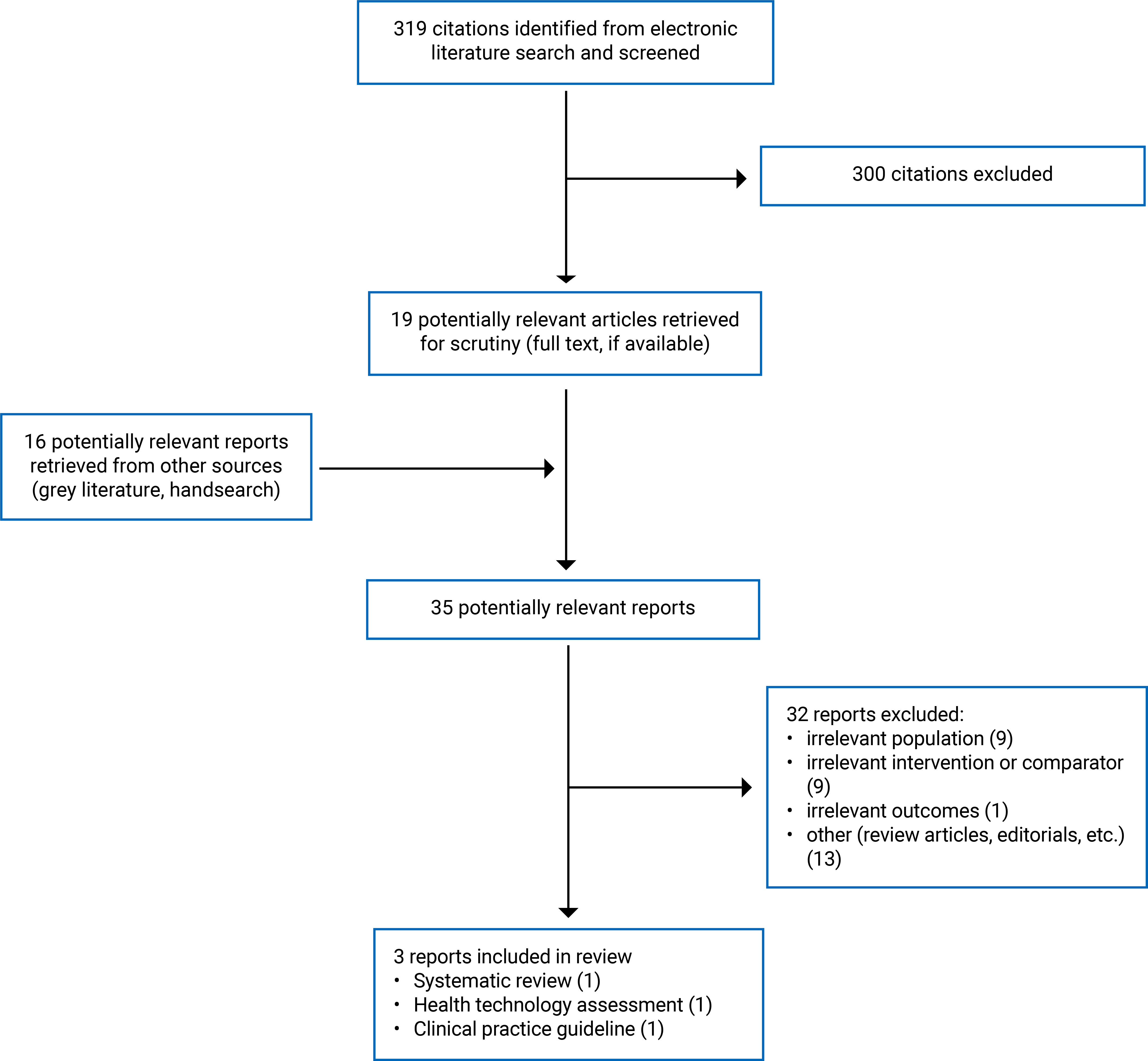 Of the 319 citations identified, 300 were excluded, while 19 electronic literature and 16 grey literature potentially relevant full-text reports were retrieved for scrutiny. In total 3 reports are included in the review.