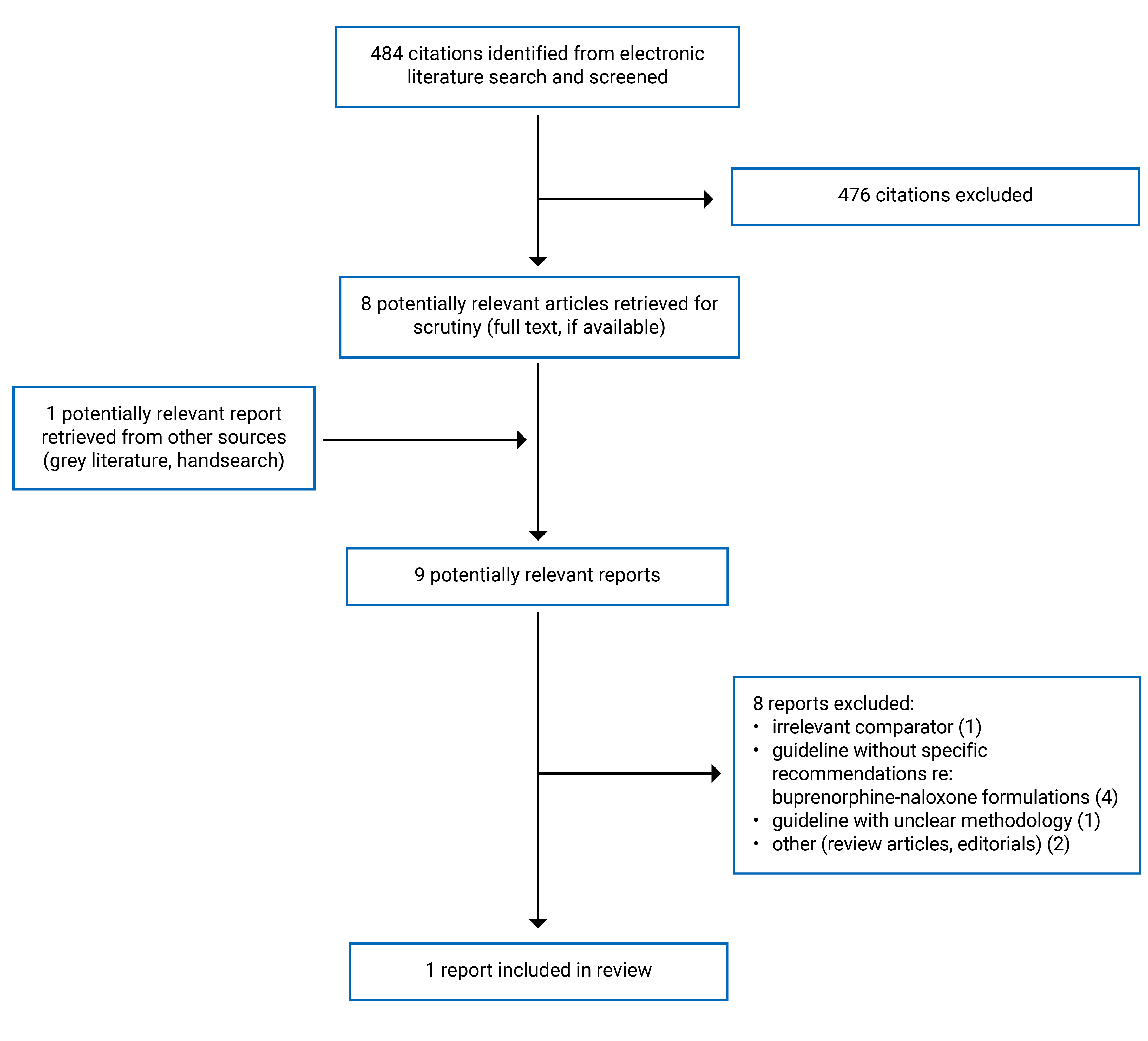 Alt text: Of the 484 citations identified, 476 were excluded, while 8 electronic literature and 1 grey literature, potentially relevant full-text reports were retrieved for scrutiny. In total, 1 report is included in the review.
