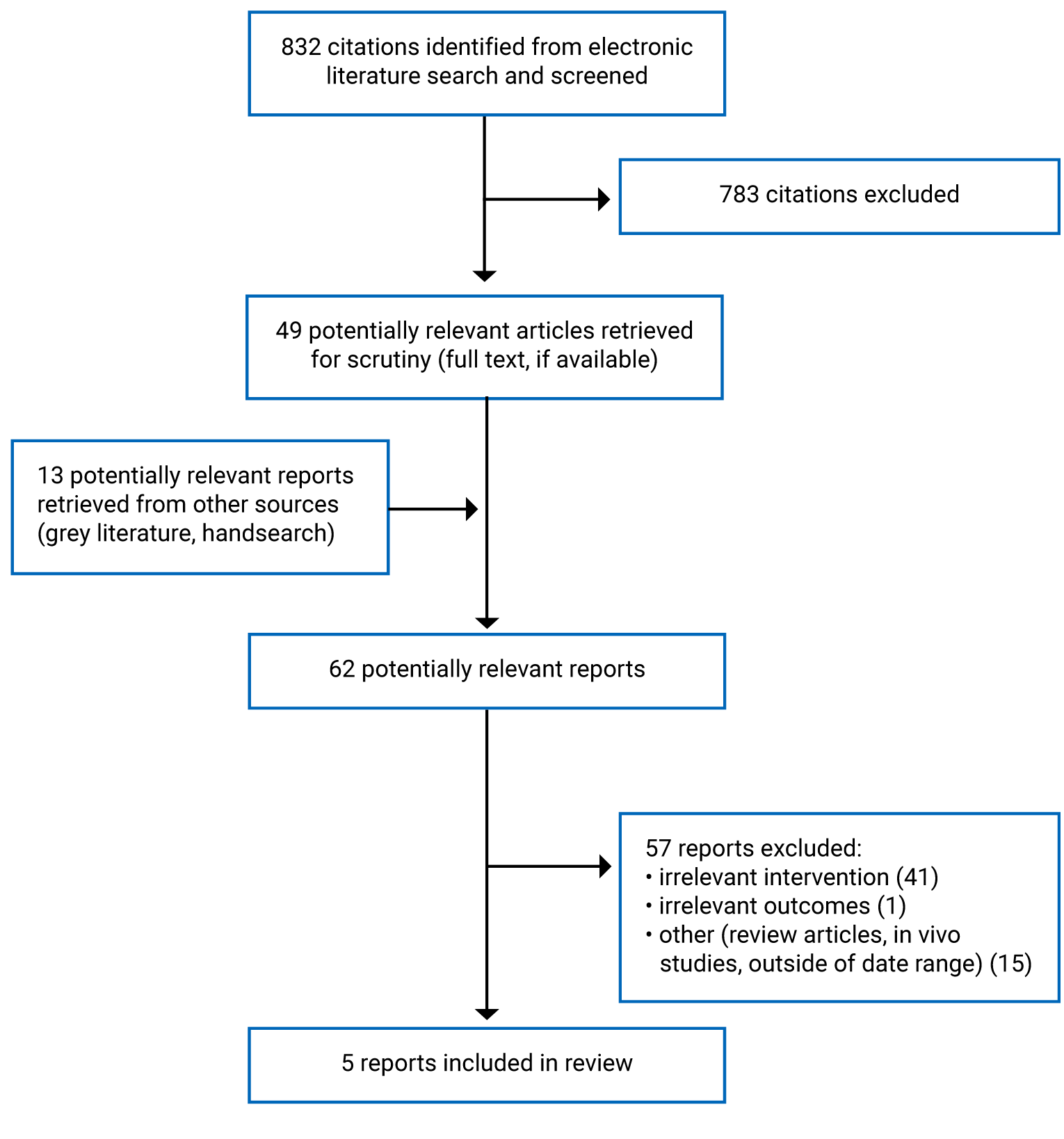 A total of 832 citations were identified, 783 were excluded, and 49 electronic literature and 13 grey literature potentially relevant full-text reports were retrieved for scrutiny. In total, 5 reports are included in the review.