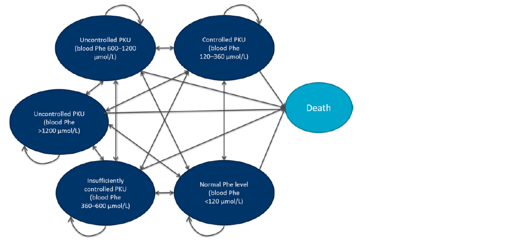 Diagram of the 6 states within the Markov model and the transitions between each state. All states could transition to death, where a patient would remain. Other states were informed by blood Phe levels and are: normal Phe level, controlled PKU, insufficiently controlled PKU, uncontrolled PKU (600 µmol/L to 1200 µmol/L), and uncontrolled PKU (greater than 1200 µmol/L). All blood Phe level states could transition between one another.