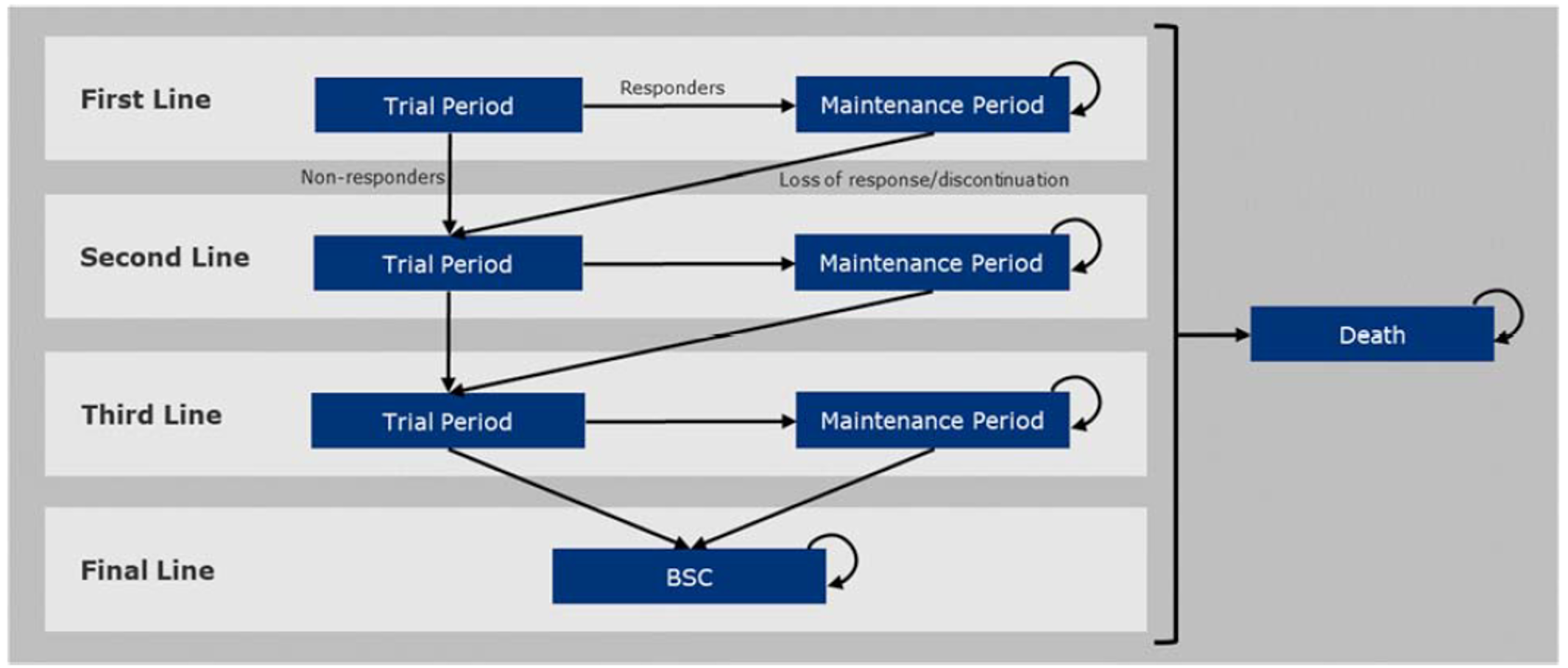 The figure depicts the movement of patients through the model, indicating the initial treatment period, whether patients respond, do not respond, or discontinue; and movement to another treatment as required. After three lines of active treatment, patients receive best supportive care as the 4th and final line of treatment in the model. Patients can die at any point within the model.