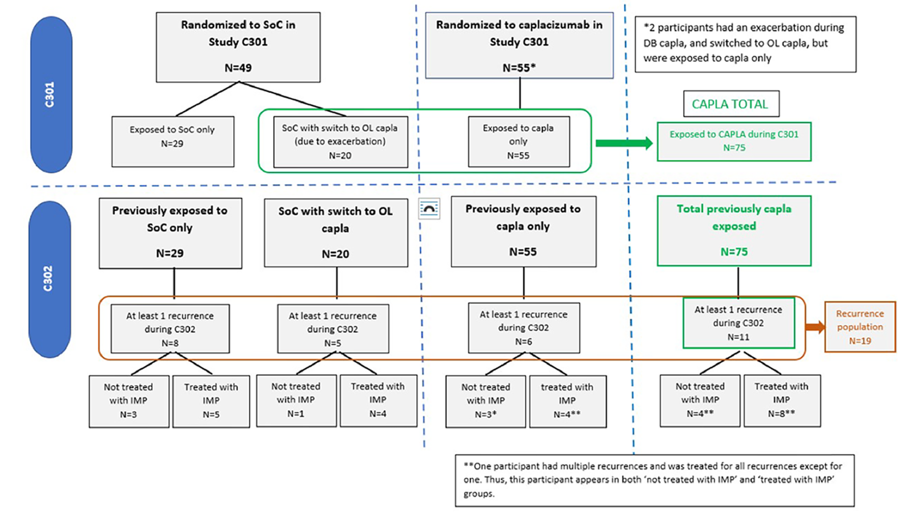 The overall ITO population in the post-HERCULES study (N&nbsp;= 104) consisted of 75 patients who were treated with caplacizumab in the HERCULES study (55 patients who were randomized to receive caplacizumab and 20 patients who were randomized to receive SOC and switched to open-label caplacizumab due to exacerbation) and 29 patients who were treated with PE and immunosuppression only in the HERCULES study. The recurrence population (n&nbsp;= 19) included 11 patients who were treated with caplacizumab in the HERCULES study and 8 patients who had previously been treated with SOC alone in the HERCULES study.
