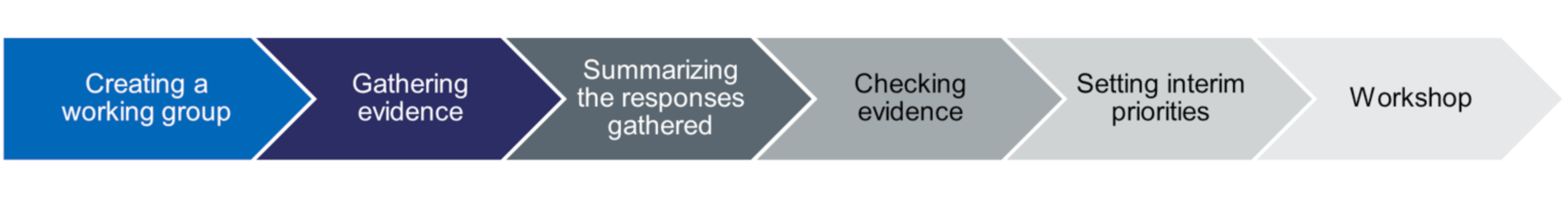 The process involves creating a working group, gathering evidence, summarizing the responses gathered, evidence checking, interim priority setting, and the workshop.