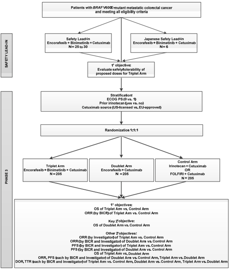 Overview of the BEACON trial including the safety lead-in phase and the randomized phase III trial. The phase III portion of the trial included 3 treatment groups: triplet regimen (binimetinib plus encorafenib and cetuximab), doublet regimen (encorafenib plus cetuximab), and a control group (irinotecan plus cetuximab OR FOLFIRI plus cetuximab).