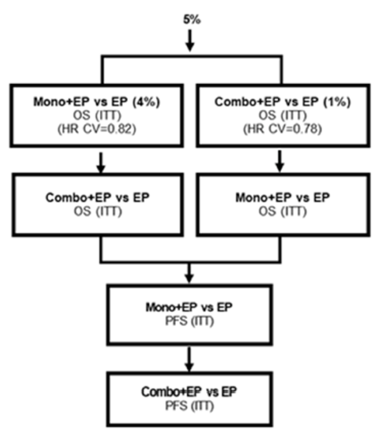 Hypotheses were tested in a predefined order with an alpha-exhaustive recycling strategy. The overall 5% type I error was initially split between the analysis of OS for durvalumab +&nbsp;EP versus EP, and the analysis of OS for durvalumab +&nbsp;tremelimumab +&nbsp;EP versus EP. Next, the analysis of PFS for durvalumab +&nbsp;EP versus EP was tested, then durvalumab +&nbsp;tremelimumab +&nbsp;EP was tested.
