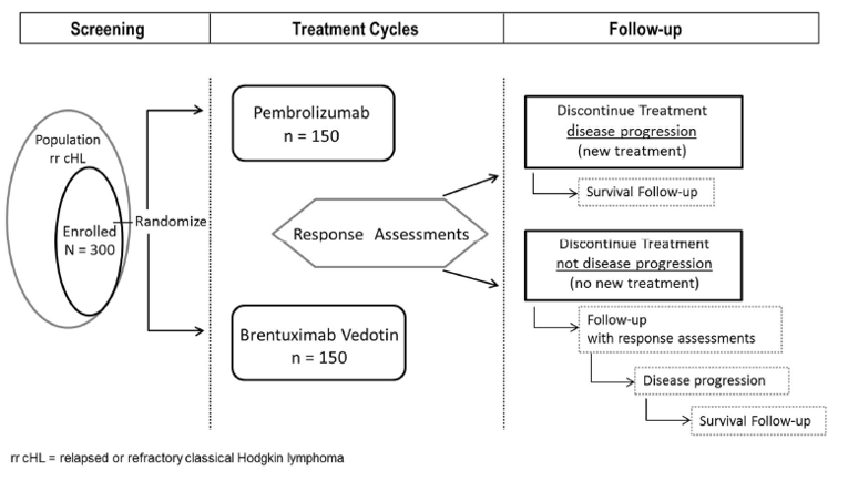 Study design of the KEYNOTE-204 trial, demonstrating patient movement from screening (300 patients enrolled) to randomized treatment with pembrolizumab (n =&nbsp;150) or brentuximab vedotin (n =&nbsp;150), and to the follow-up period.