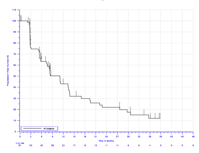 A Kaplan-Meier progression-free survival curve for patients in cohort 2 of the KEYNOTE-087 trial from 0 to 39 months. The number of patients at risk are shown at the beginning of each 3-month time period.