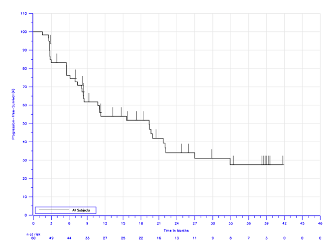 A Kaplan-Meier progression-free survival curve for patients in cohort 3 of the KEYNOTE-087 trial, from 0 to 42 months. the number of patients at risk are shown at the beginning of each 3-month time period.