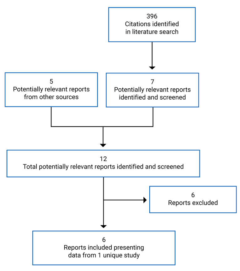 A total of 396 citations were identified in the literature search, of which 7 were potentially relevant. Five others were found from other sources. Of these 12 reports, 6 were excluded and 6 reports were included.