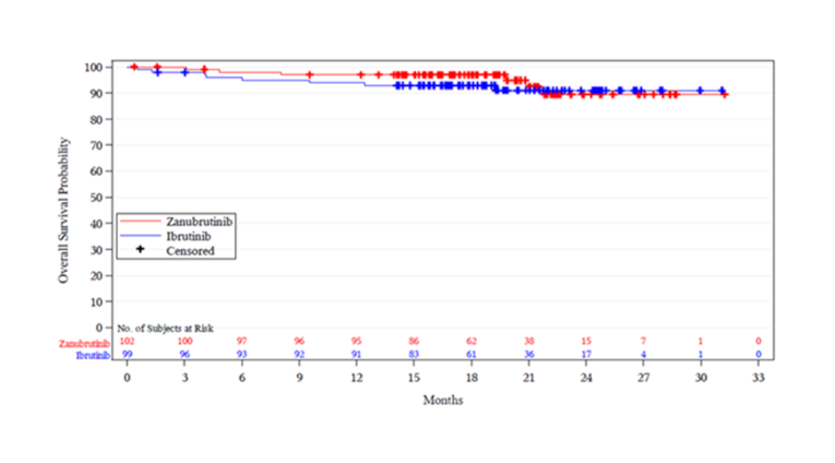 Kaplan–Meier curves for overall survival comparing zanubrutinib to ibrutinib in Cohort 1 (MYD88L265P), showing largely similar OS curves in the two treatment arms with overall survival probabilities remaining at over 90% in both treatment arms up to 24 months