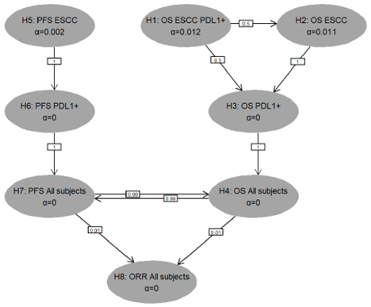 Figure 2 shows the initial 1-sided alpha allocation for each hypothesis in the ellipse representing the hypthosis. The weights for reallocation from each hypothesis to the others are shown in the boxes on the lines connecting hypotheses. 5-FU&nbsp;= 5-fluorouracil; CPS&nbsp;= combined positive score; ESCC&nbsp;= esophageal squamous cell carcinoma; ORR&nbsp;= objective response rate; OS&nbsp;= overall survival; PD-L1&nbsp;= programmed cell death ligand 1; PFS&nbsp;= progression-free survival; RECIST&nbsp;= Response Evaluation Criteria in Solid Tumors. H1: OS is superior with pembrolizumab in combination with cisplatin and 5-FU compared with placebo in combination with cisplatin and 5-FU in patients with ESCC whose tumours are PD-L1 biomarker-positive (CPS ≥&nbsp;10). H2: OS is superior with pembrolizumab in combination with cisplatin and 5-FU compared with placebo in combination with cisplatin and 5-FU in patients with ESCC. H3: OS is superior with pembrolizumab in combination with cisplatin and 5-FU compared with placebo in combination with cisplatin and 5-FU in patients whose tumours are PD-L1 biomarker-positive (CPS ≥&nbsp;10). H4: OS is superior with pembrolizumab in combination with cisplatin and 5-FU compared with placebo in combination with cisplatin and 5-FU in all patients. H5: PFS per RECIST 1.1, as determined by investigator, is superior with pembrolizumab in combination with cisplatin and 5-FU compared with placebo in combination with cisplatin and 5-FU in patients with ESCC. H6: PFS per RECIST 1.1, as determined by investigator, is superior with pembrolizumab in combination with cisplatin and 5-FU compared with placebo in combination with cisplatin and 5-FU in patients whose tumours are PD-L1 biomarker-positive (CPS ≥&nbsp;10). H7: PFS per RECIST 1.1, as determined by investigator, is superior with pembrolizumab in combination with cisplatin and 5-FU compared with placebo in combination with cisplatin and 5-FU in all patients. H8: ORR per RECIST 1.1, as determined by investigator, is superior with pembrolizumab in combination with cisplatin and 5-FU compared with placebo in combination with cisplatin and 5-FU in all patients.