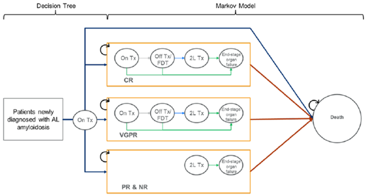 A diagram describing the structure of the sponsor’s pharmacoeconomic model comprised of a treatment decision tree feeding into a Markov structure.