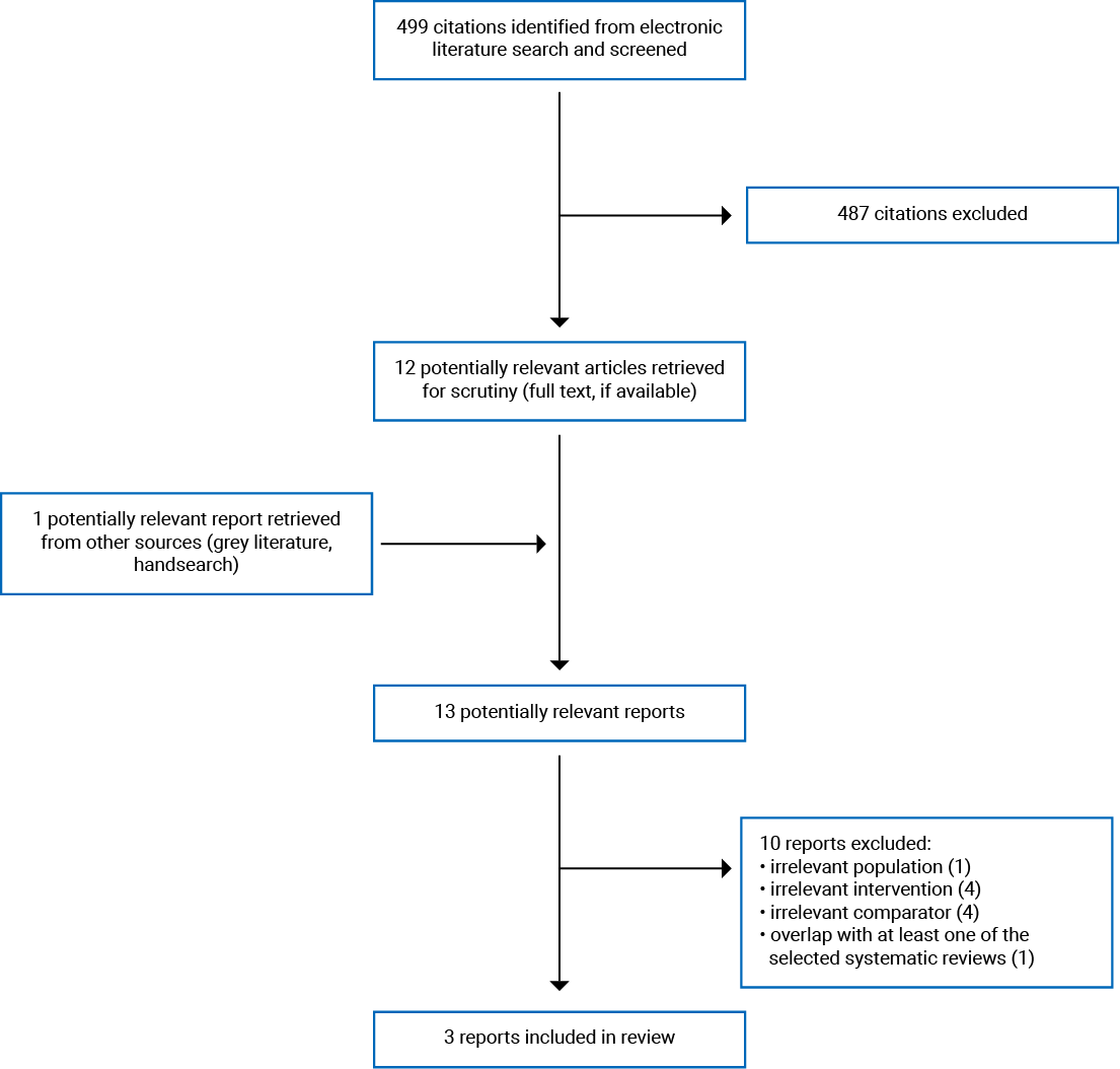 499 citations were identified, 487 were excluded, while 12 electronic literature and 1 grey literature potentially relevant full-text reports were retrieved for scrutiny. In total, 3 reports are included in the review.