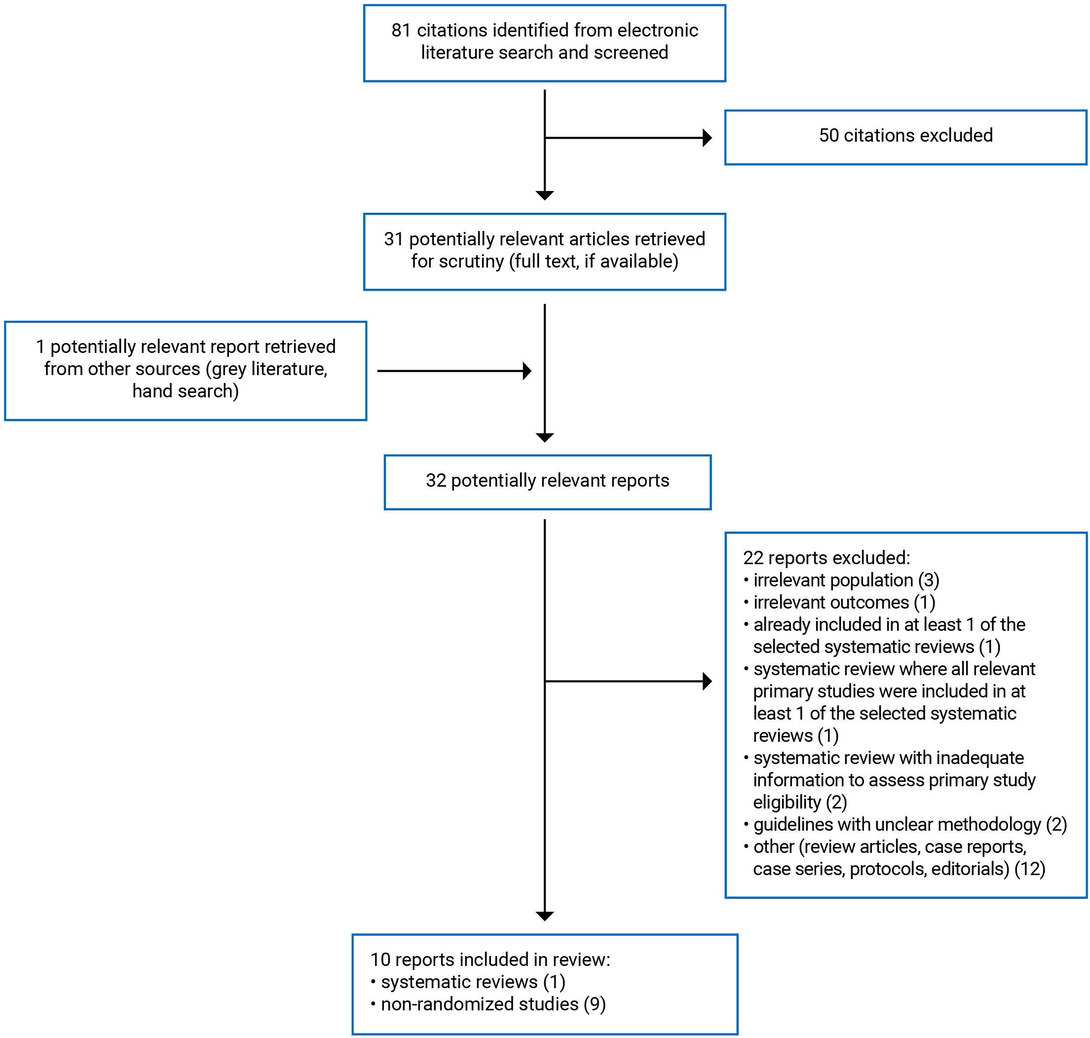 81 citations were identified, 50 were excluded, while 31 electronic literature and 1 grey literature potentially relevant full-text reports were retrieved for scrutiny. In total 10 reports are included in the review.