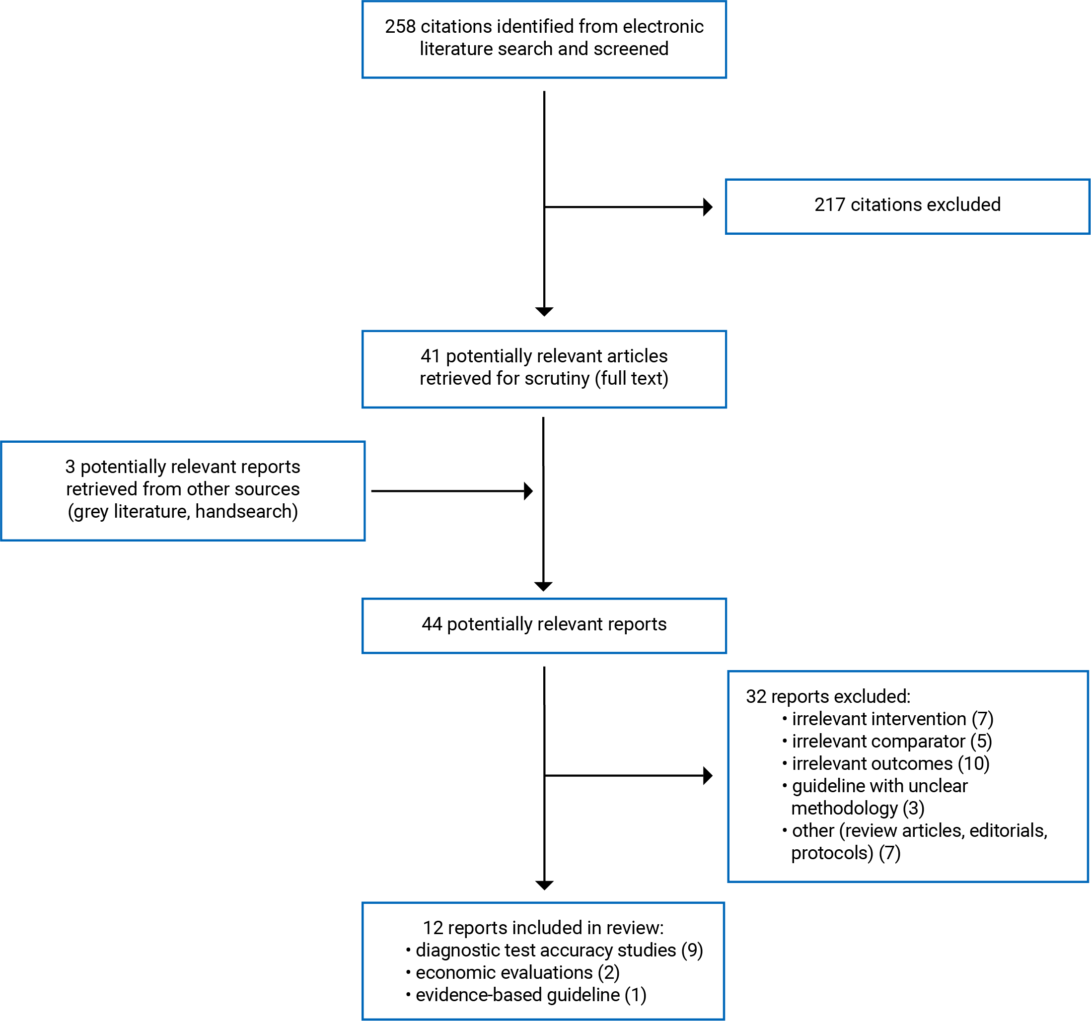 258 citations were identified, 217 were excluded, while 41 electronic literature and 3 grey literature potentially relevant full-text reports were retrieved for scrutiny. In total 12 reports are included in the review.