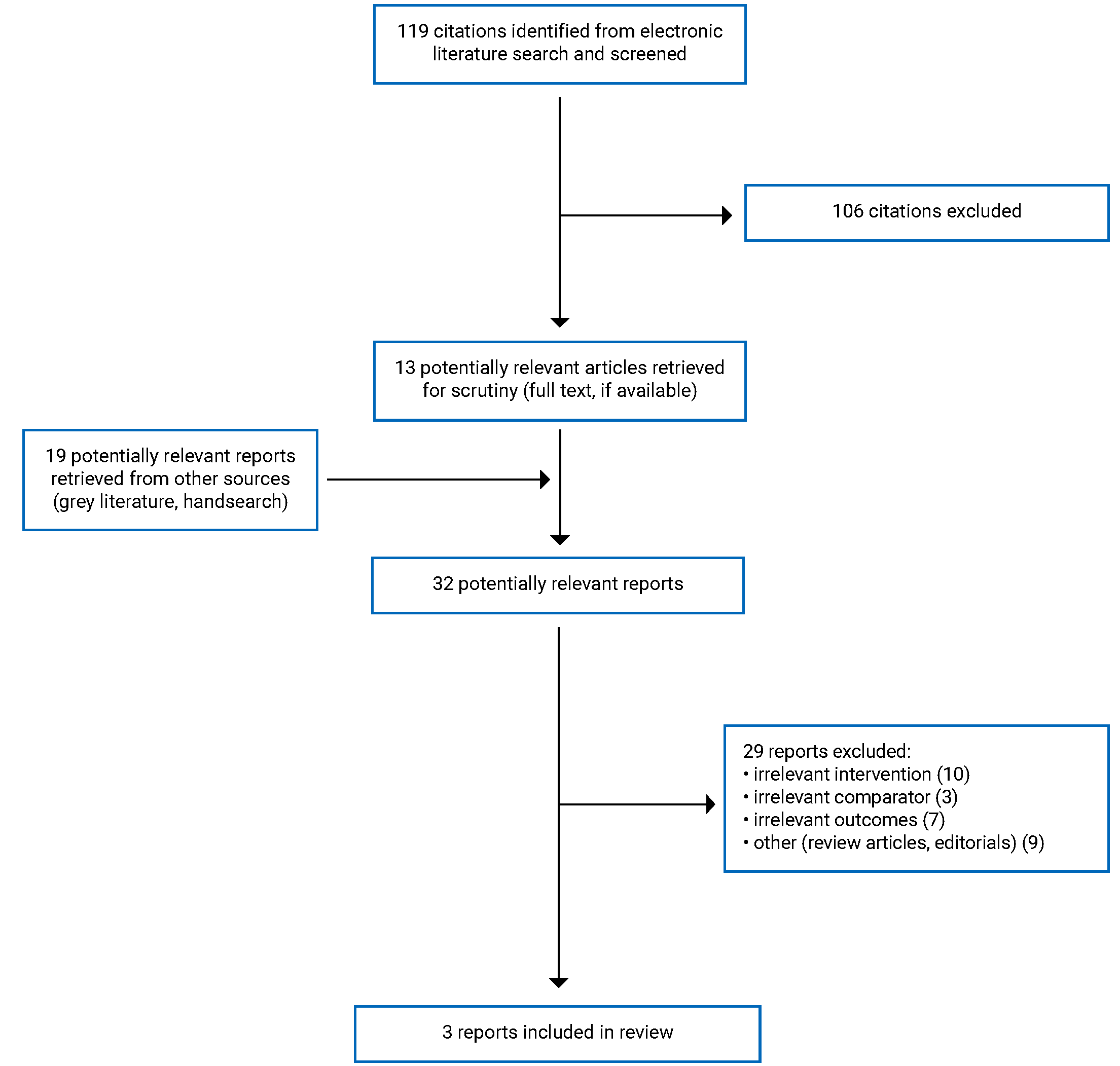 In total, 119 citations were identified, 106 were excluded, while 13 electronic literature and 19 grey literature potentially relevant full-text reports were retrieved for scrutiny. Ultimately, 3 reports are included in the review.