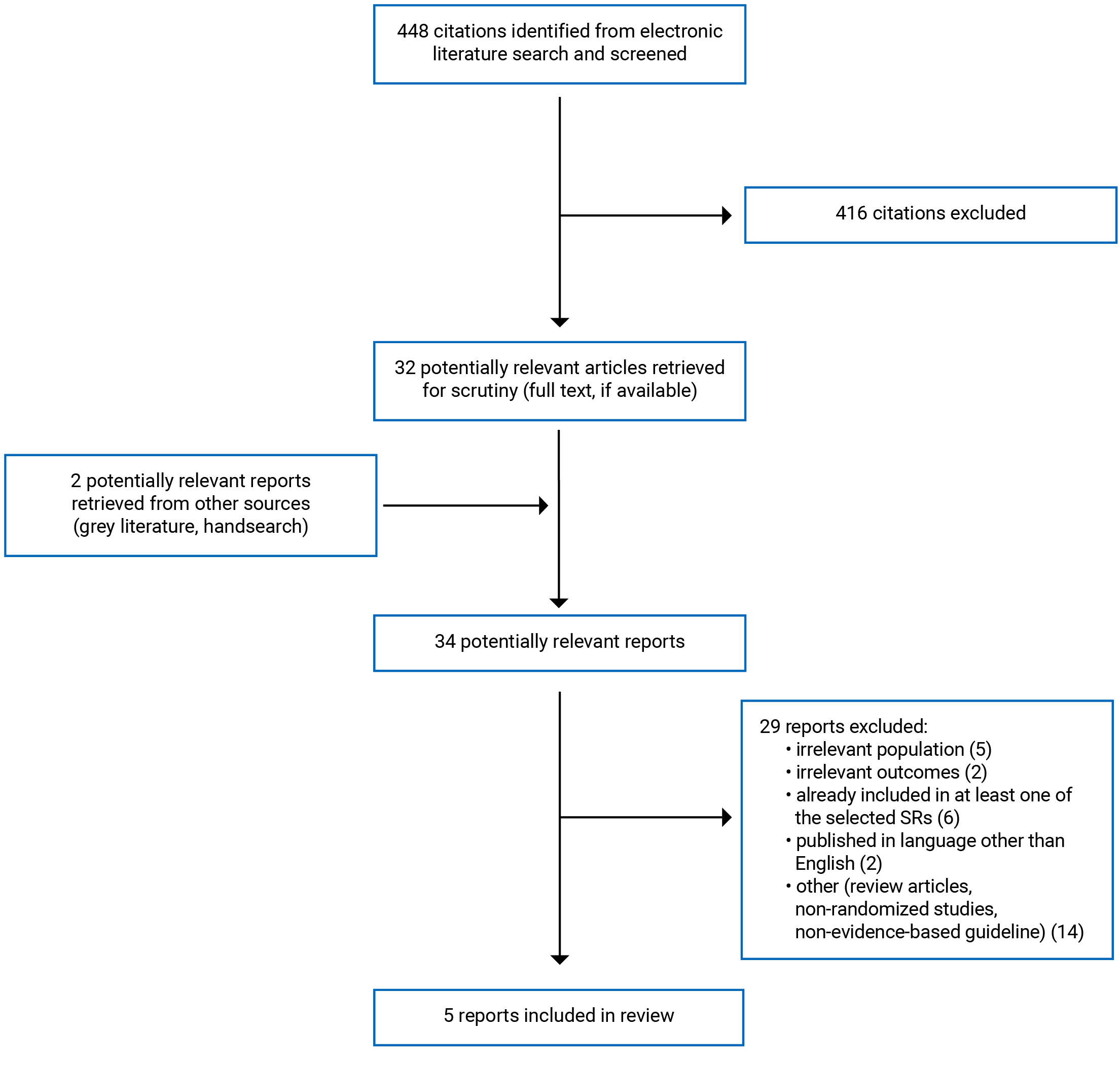 448 citations were identified, 416 were excluded, while 32 electronic literature and 2 grey literature potentially relevant full-text reports were retrieved for scrutiny. In total 5 reports are included in the review.