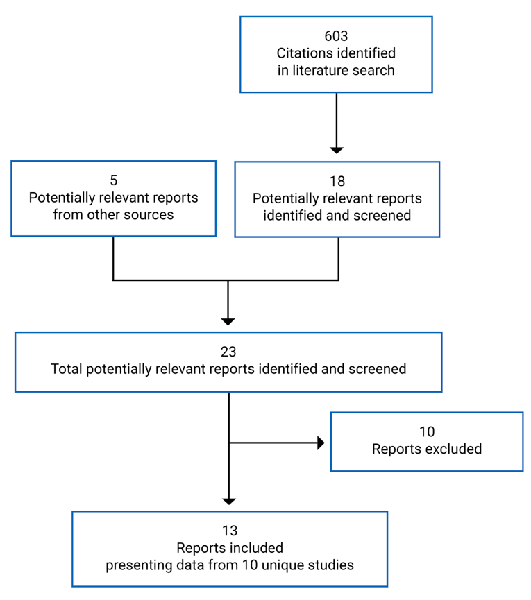 603 citations were identified, 585 were excluded, while 18 electronic literature and 5 grey literature potentially relevant full text reports were retrieved for scrutiny. In total 13 reports presenting data from 10 unique studies are included in the review.