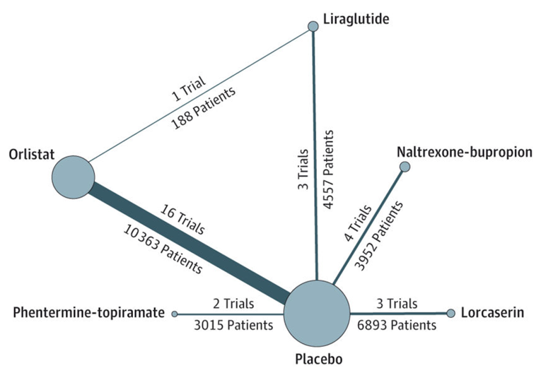 There were 16 RCTs of orlistat versus placebo, 2 RCTs of liraglutide versus placebo, 4 RCTs of Naltrexone hydrochloride and bupropion hydrochloride versus placebo, 3 RCTs of lorcaserin versus placebo, 2 RCTs of phentermine-topiramate versus placebo, and 1 3-armed RCT comparing orlistat and liraglutide with placebo.