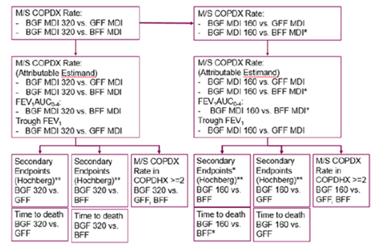 The statistical testing started with the primary outcome and the BGF MDI 320 mcg-14.4 mcg-9.6 mcg dose level. If BGF MDI 320 mcg-14.4 mcg-9.6 mcg statistically significantly reduced the rate of moderate or severe COPD exacerbations compared with both GFF MDI and BFF MDI (using first the efficacy estimand and then the attributable estimand as the first secondary end point), then primary outcomes from the PFT sub-study were assessed (FEV1 AUC0-4 at week 24 followed by the change from baseline in morning predose trough FEV1). If these comparisons were statistically significant, then the rate of moderate or severe exacerbations in the subgroup of patients with history of 2 or more exacerbations in the last year at baseline was compared between BGF MDI 320 mcg-14.4 mcg-9.6 mcg and GFF MDI and BFF MDI, as were the remaining secondary outcomes.