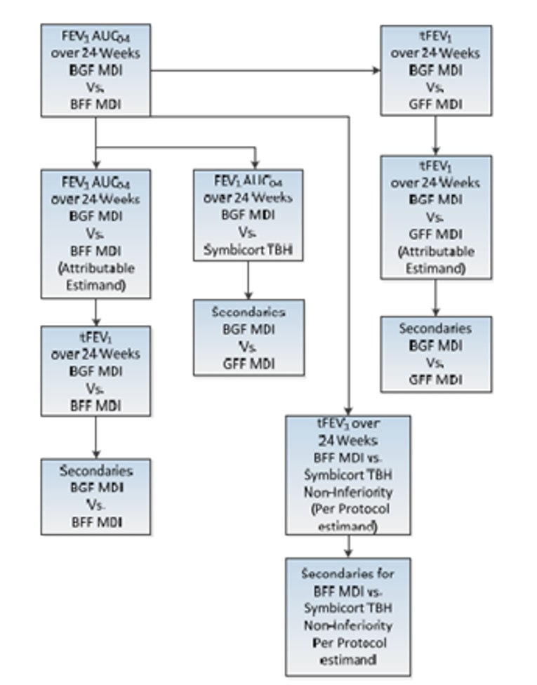 Statistical testing started with the primary outcome using the efficacy estimand first for superiority comparisons, followed by the attributable estimand as a secondary outcome assessment. Additional secondary end points were only tested using the efficacy estimand for type I error control. Non-inferiority comparisons were made using the per-protocol estimand. All secondary outcomes, except for time to onset of action were included in the type I error control plan.