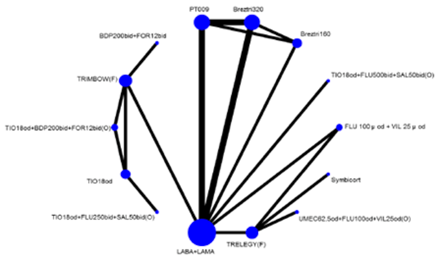 The network includes nodes with a total of 10 studies of 14 interventions for the outcome of change in trough FEV1 at 24 weeks. The network is sparsely populated albeit with some interlinked studies.