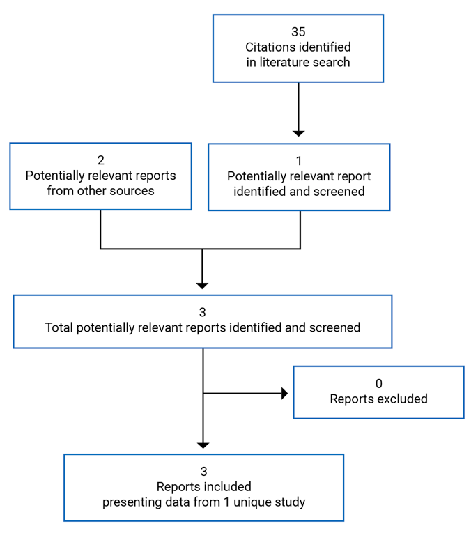 A total of 35 citations were identified, of which 34 were excluded; 1 electronic literature and 2 grey literature potentially relevant full-text reports were retrieved for scrutiny. In total of 3 reports presenting data from 1 unique study were included in the review.