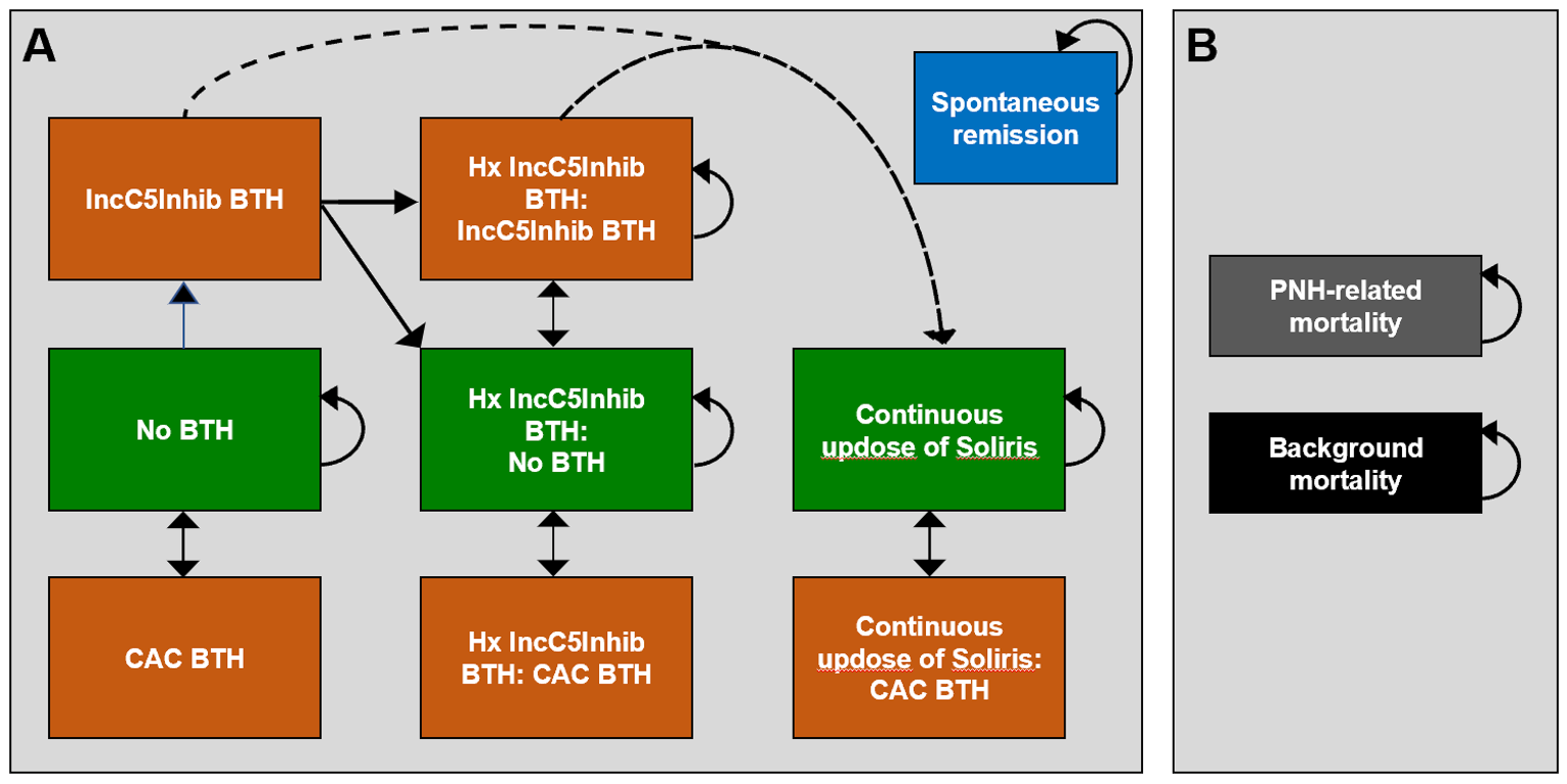 The sponsor submitted a Markov state transition model which included 11 health states. Health states were based primarily on the presence of 2 types of breakthrough hemolysis (BTH) – complement amplifying conditions, incomplete C5 inhibition, and no BTH. There were additional states related to a history of BTH and the need for continuous up-dosing, along with a spontaneous remission health state. An absorbing death state that distinguished between background-related mortality and PNH-related mortality was also included in their model.