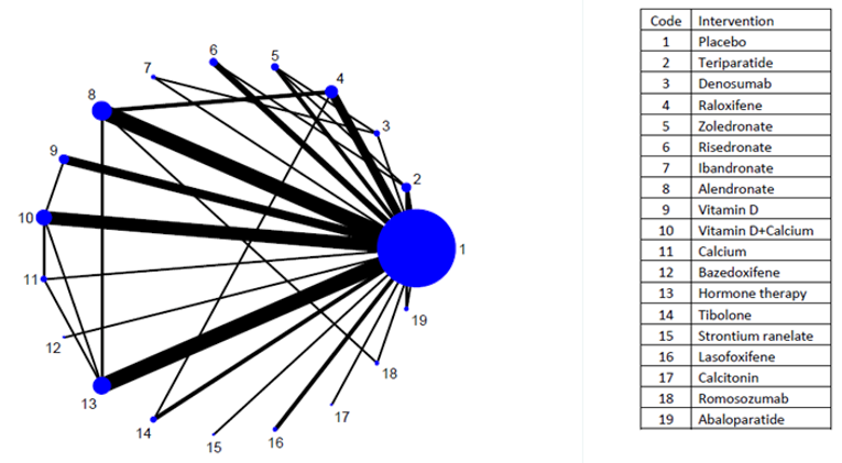 The figure below shows the network of trials contributed to the analysis of hip fracture.